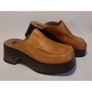 Vintage 90s Candies Tan Leather Chunky Platforms Wood Clogs Mules Sz 9